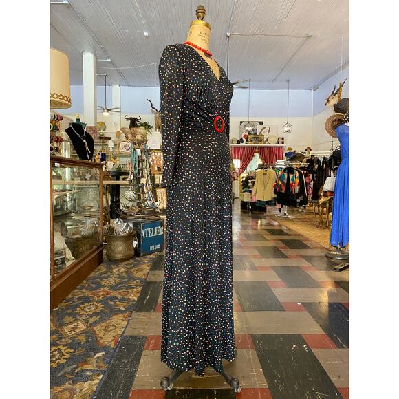 1970s maxi dress, rainbow polka dots, betty lou, 70s does 30s, 1930s style dress - Picture 5 of 10
